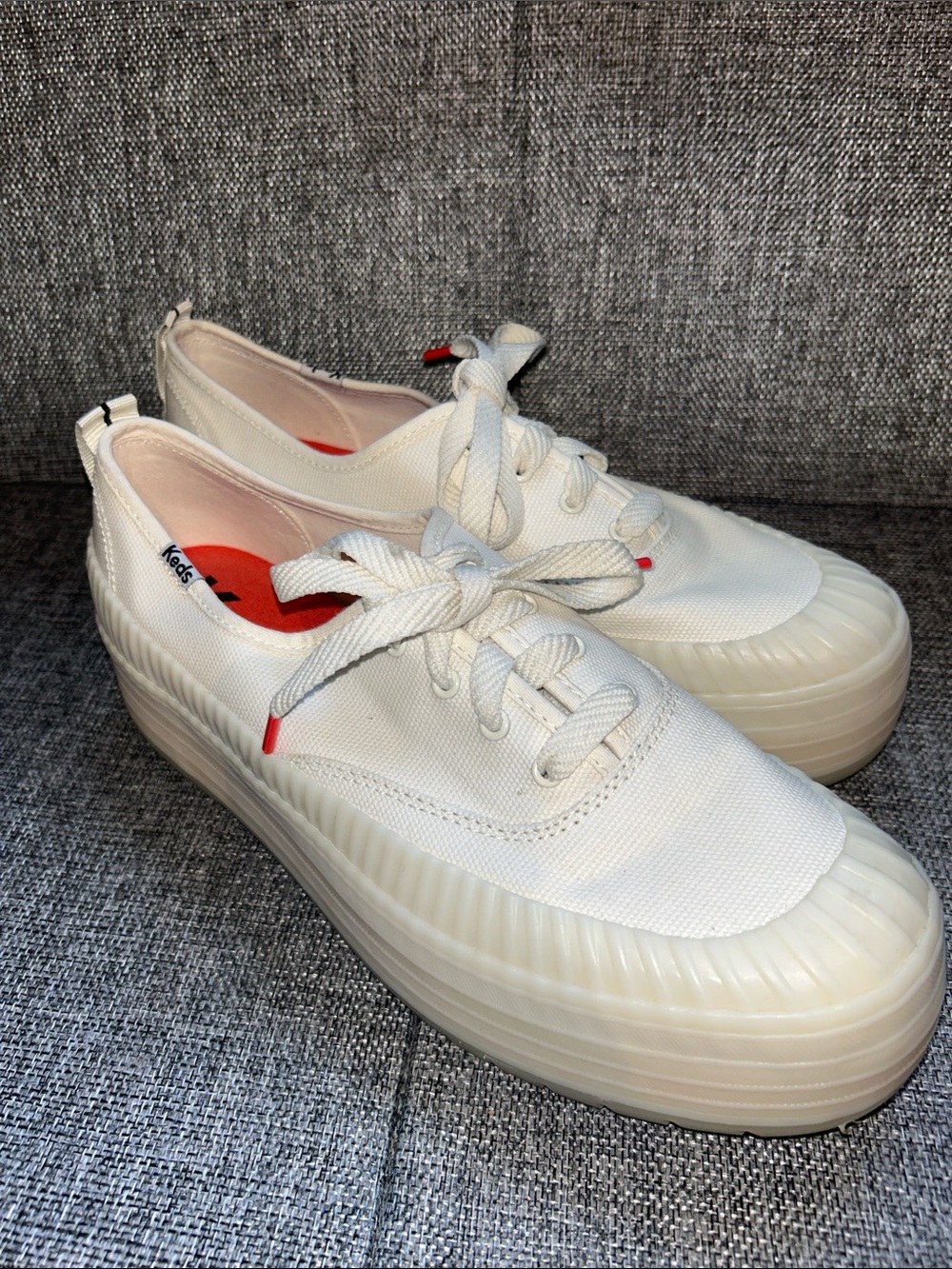 Keds Off-White Canvas Platform Sneakers with Red Accents